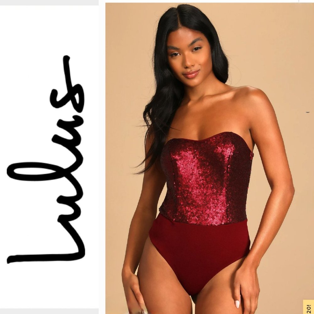 ❤️NEW Lulus Wine Red Strapless Sequin Bustier Bodysuit Size S